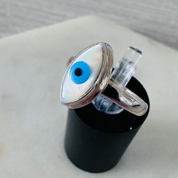 Evil Eye Composite Shell And Turquoise Sterling Silver Ring - Picture 4 of 7